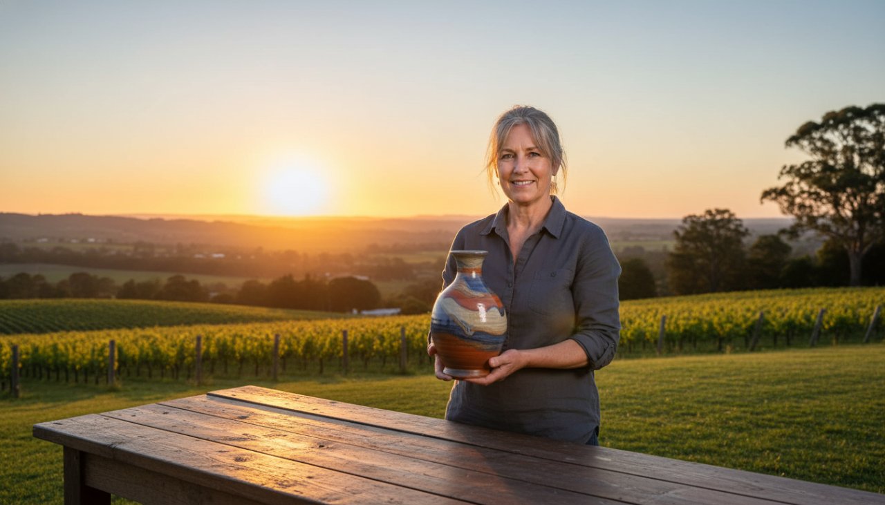 An epic moment captured in Steels Creek, showcasing impactful Steels Creek advertising photography for local businesses, with a local artisan proudly presenting their handcrafted product amidst the rolling hills at sunset, golden hour light, shallow depth of field, cinematic quality.
