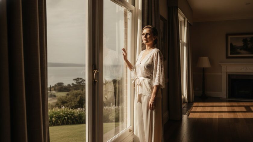 A dramatic, artfully composed photograph featuring a woman in an elegant, soft boudoir setting, bathed in warm, ethereal light, capturing the serene and empowering essence of intimate boudoir photography Crib Point VIC. She gazes confidently out a window, with the subtle suggestion of the Crib Point coastline in the blurred background, professionally color-graded for a cinematic feel.