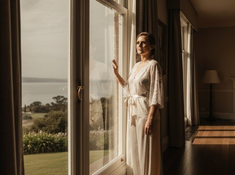 A dramatic, artfully composed photograph featuring a woman in an elegant, soft boudoir setting, bathed in warm, ethereal light, capturing the serene and empowering essence of intimate boudoir photography Crib Point VIC. She gazes confidently out a window, with the subtle suggestion of the Crib Point coastline in the blurred background, professionally color-graded for a cinematic feel.