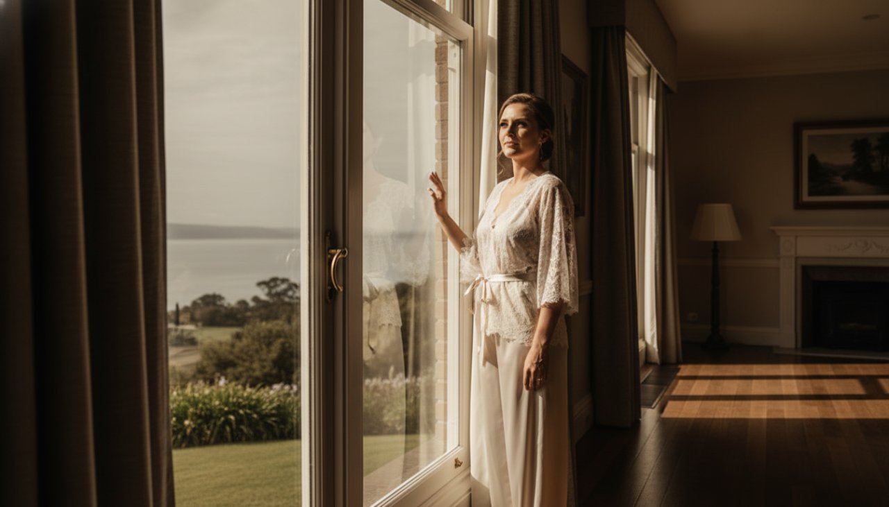 A dramatic, artfully composed photograph featuring a woman in an elegant, soft boudoir setting, bathed in warm, ethereal light, capturing the serene and empowering essence of intimate boudoir photography Crib Point VIC. She gazes confidently out a window, with the subtle suggestion of the Crib Point coastline in the blurred background, professionally color-graded for a cinematic feel.