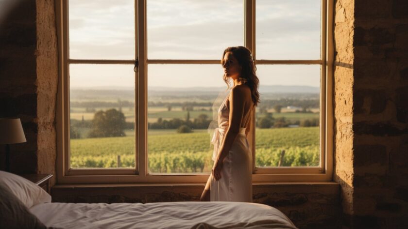 An intimate boudoir photography experience in Gruyere Victoria, featuring a woman bathed in soft morning light near a rustic window, her silhouette creating a powerful and artistic 'epic moment' of self-discovery and confidence.