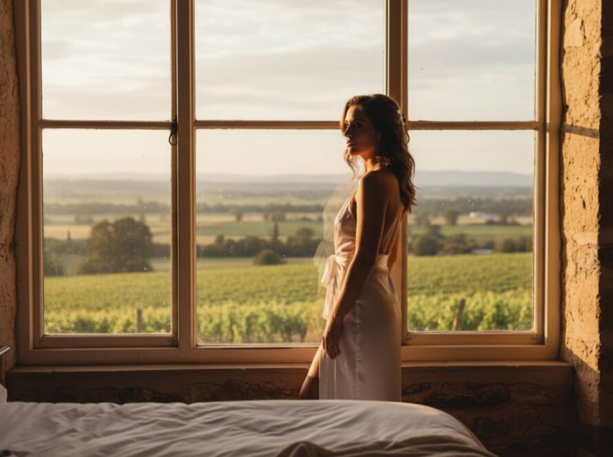 An intimate boudoir photography experience in Gruyere Victoria, featuring a woman bathed in soft morning light near a rustic window, her silhouette creating a powerful and artistic 'epic moment' of self-discovery and confidence.