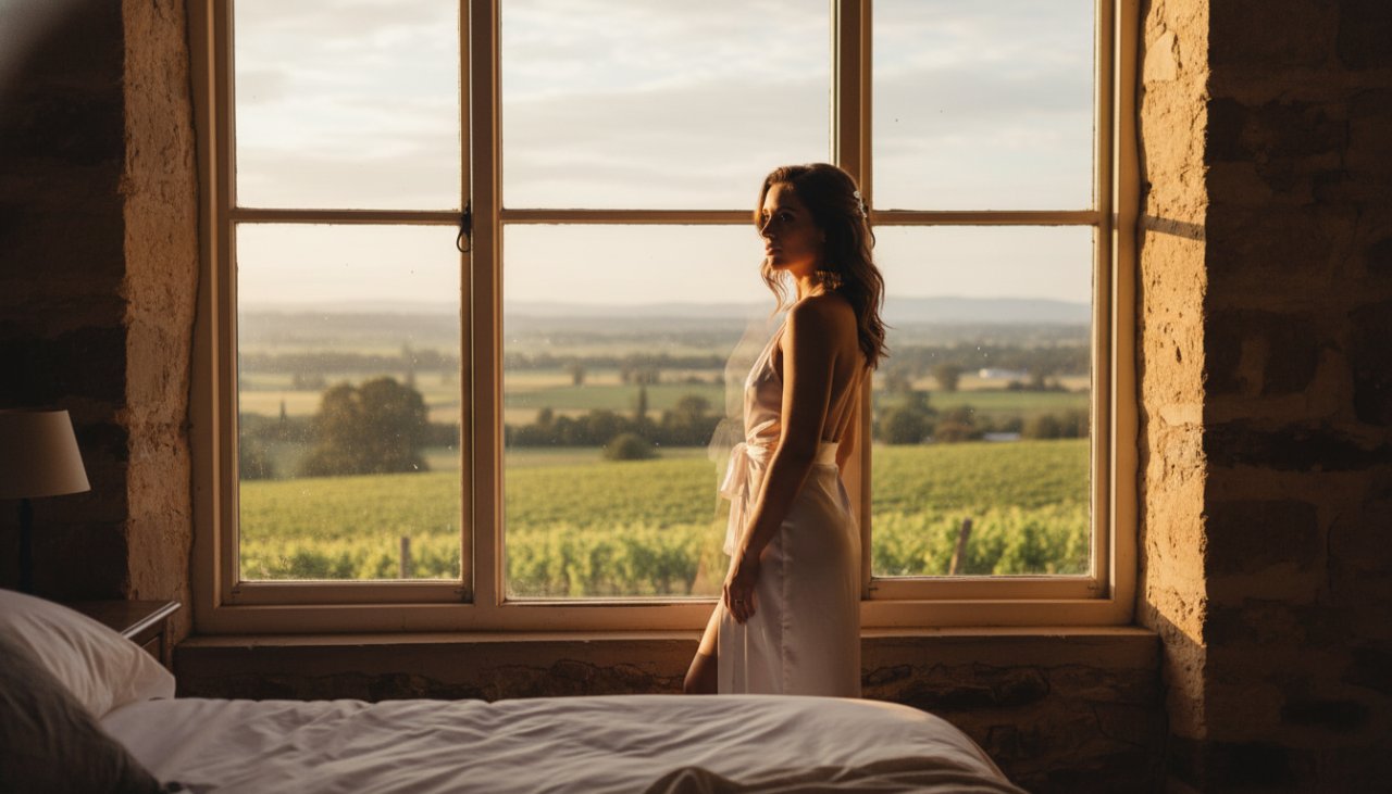 An intimate boudoir photography experience in Gruyere Victoria, featuring a woman bathed in soft morning light near a rustic window, her silhouette creating a powerful and artistic 'epic moment' of self-discovery and confidence.