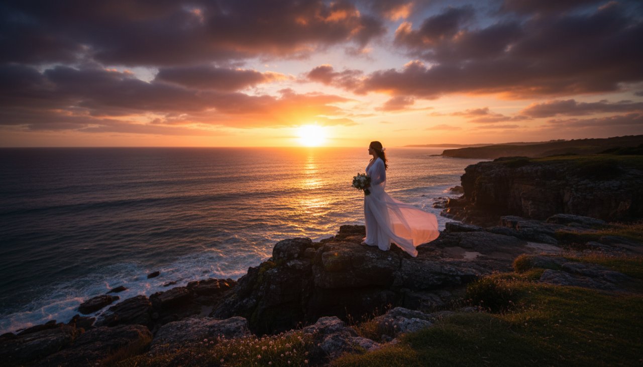 A breathtaking, low-angle shot of a woman wrapped in sheer fabric, silhouetted against a dramatic Portsea sunset over Bass Strait, embodying an intimate boudoir photography Portsea luxury experience.