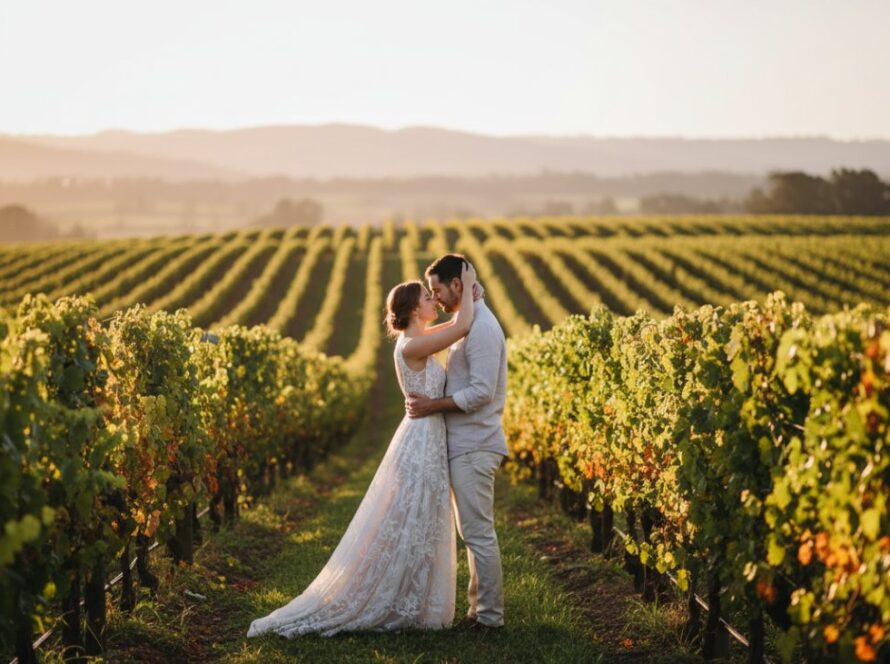 An intimate Castella engagement photography Victoria scene featuring a couple embracing warmly amidst the golden hour light in a lush vineyard, capturing their genuine love.