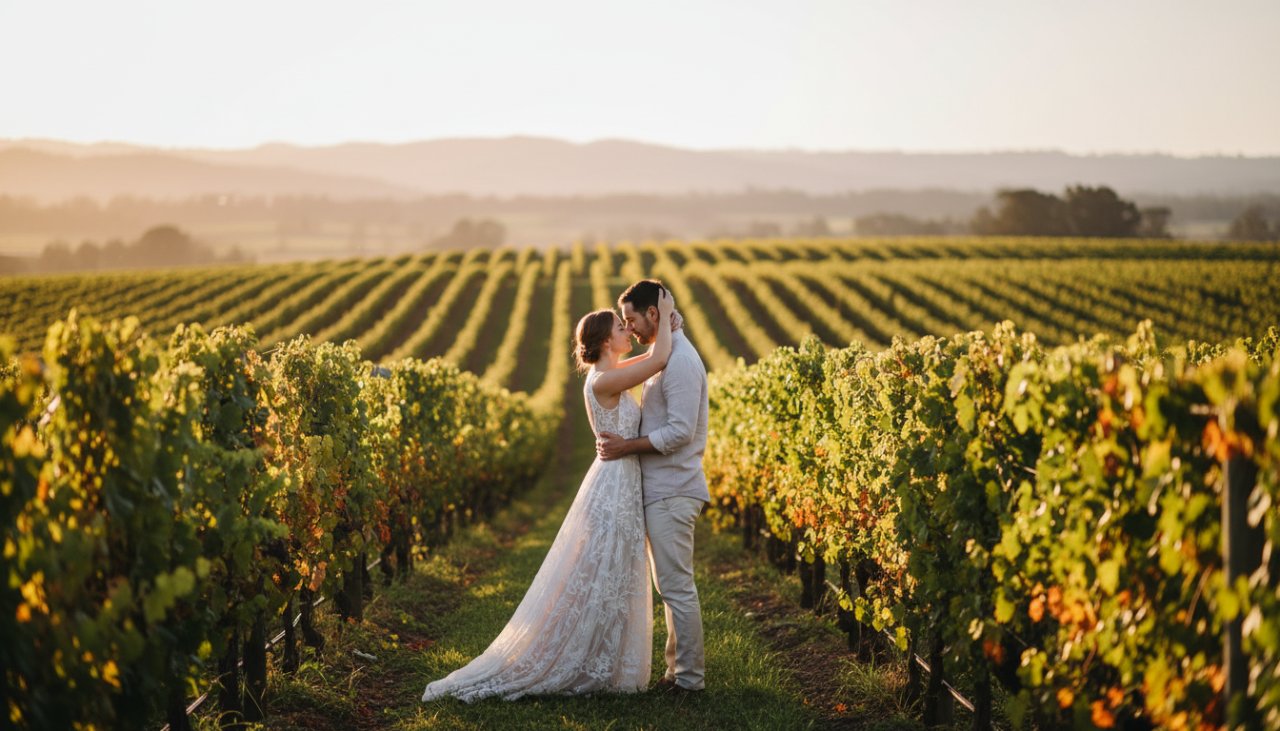 An intimate Castella engagement photography Victoria scene featuring a couple embracing warmly amidst the golden hour light in a lush vineyard, capturing their genuine love.
