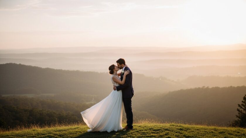 An intimate Clematis wedding photography Victoria shot of a joyous couple embracing under dappled sunlight in a lush garden, showcasing their heartfelt connection amidst the Dandenong Ranges scenery, capturing an epic, romantic moment.