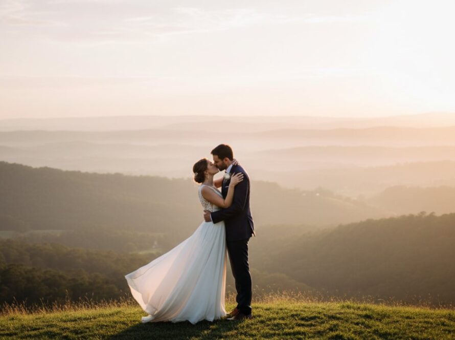An intimate Clematis wedding photography Victoria shot of a joyous couple embracing under dappled sunlight in a lush garden, showcasing their heartfelt connection amidst the Dandenong Ranges scenery, capturing an epic, romantic moment.