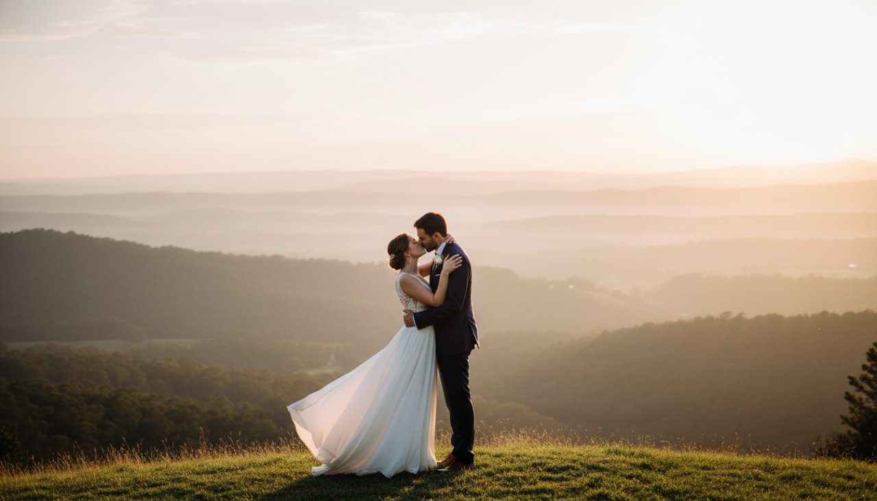 An intimate Clematis wedding photography Victoria shot of a joyous couple embracing under dappled sunlight in a lush garden, showcasing their heartfelt connection amidst the Dandenong Ranges scenery, capturing an epic, romantic moment.