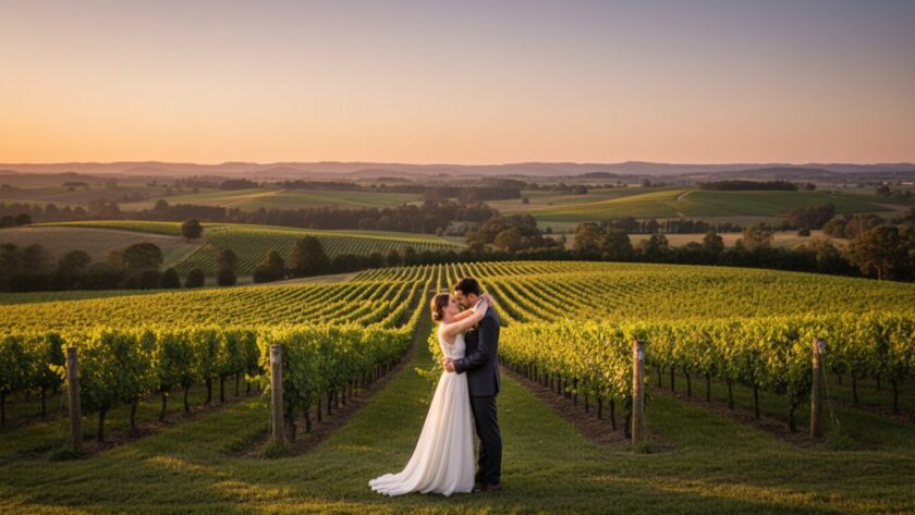 An epic wide-angle shot of a newlywed couple embracing passionately amidst the rolling vineyards of a Coldstream winery at sunset, showcasing intimate Coldstream winery wedding photography.
