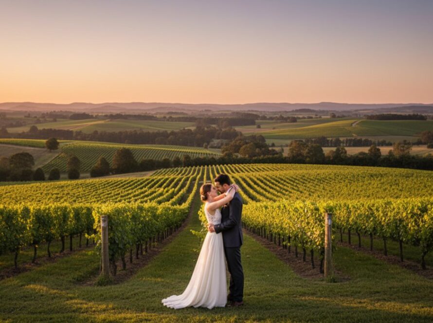 An epic wide-angle shot of a newlywed couple embracing passionately amidst the rolling vineyards of a Coldstream winery at sunset, showcasing intimate Coldstream winery wedding photography.