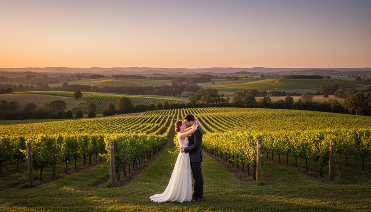 An epic wide-angle shot of a newlywed couple embracing passionately amidst the rolling vineyards of a Coldstream winery at sunset, showcasing intimate Coldstream winery wedding photography.