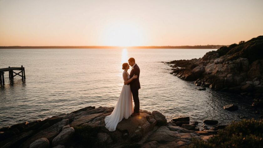 A newlywed couple shares an emotional, candid embrace against a dramatic sunset at Crib Point, capturing intimate Crib Point wedding photography with scenic coastal backdrops, their figures silhouetted by the golden light reflecting on the calm waters of Western Port.