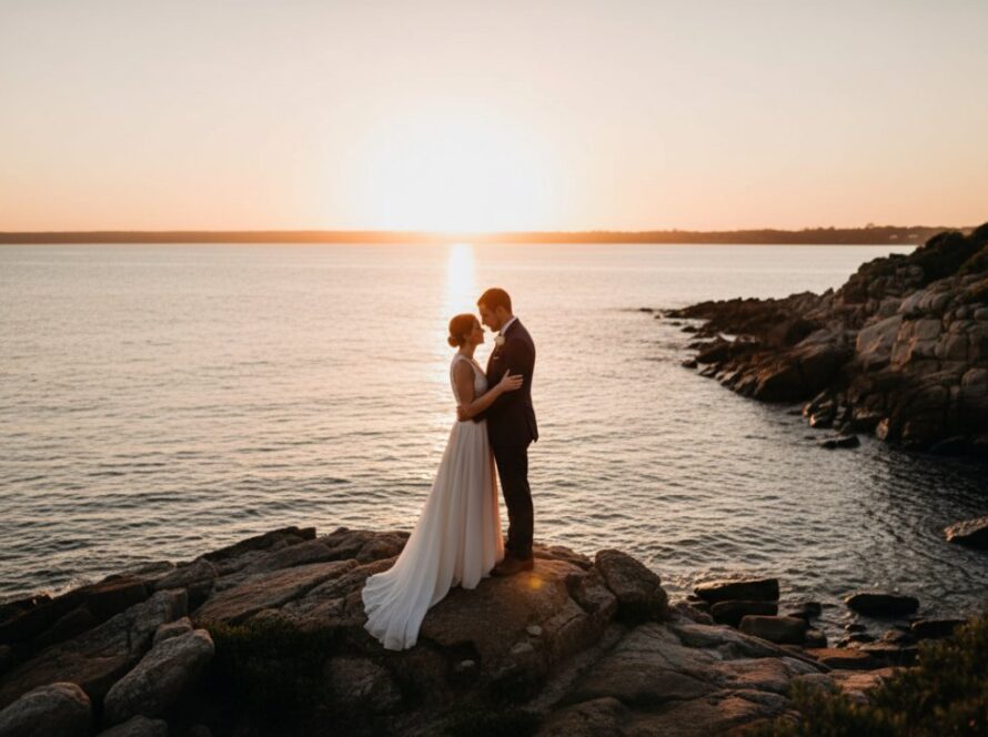 A newlywed couple shares an emotional, candid embrace against a dramatic sunset at Crib Point, capturing intimate Crib Point wedding photography with scenic coastal backdrops, their figures silhouetted by the golden light reflecting on the calm waters of Western Port.