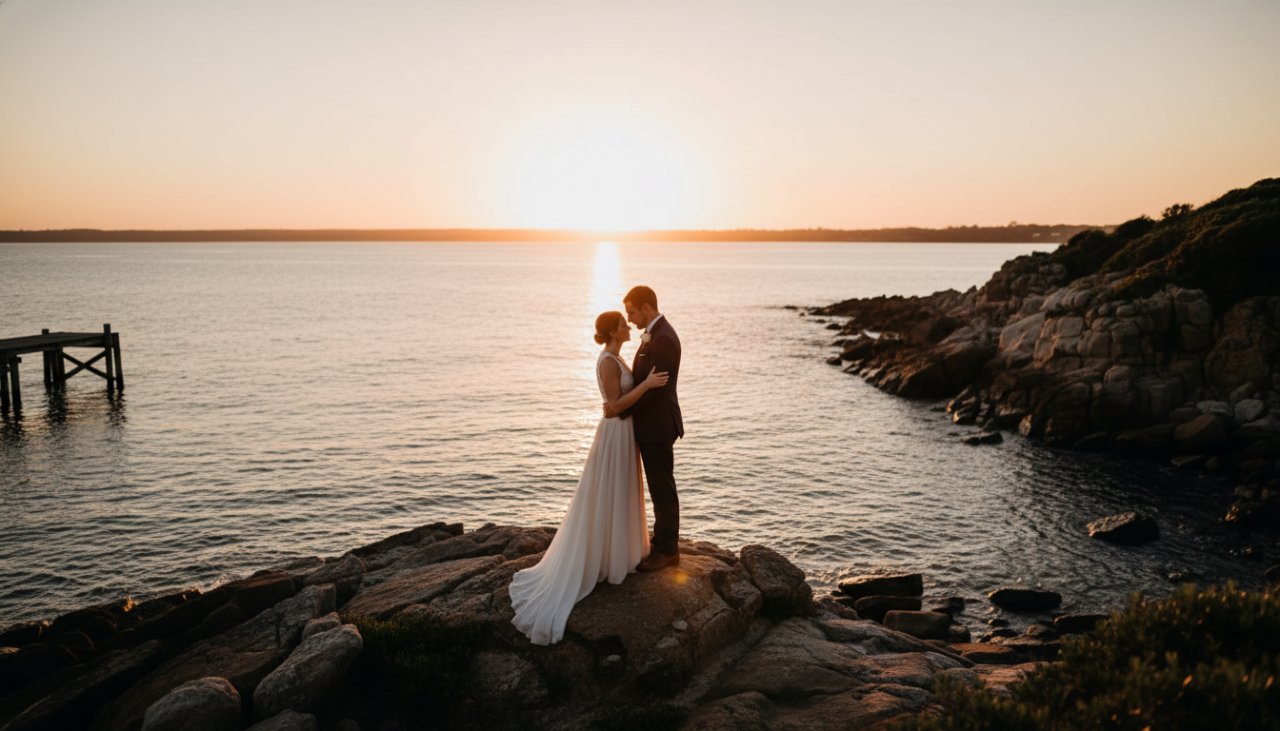 A newlywed couple shares an emotional, candid embrace against a dramatic sunset at Crib Point, capturing intimate Crib Point wedding photography with scenic coastal backdrops, their figures silhouetted by the golden light reflecting on the calm waters of Western Port.
