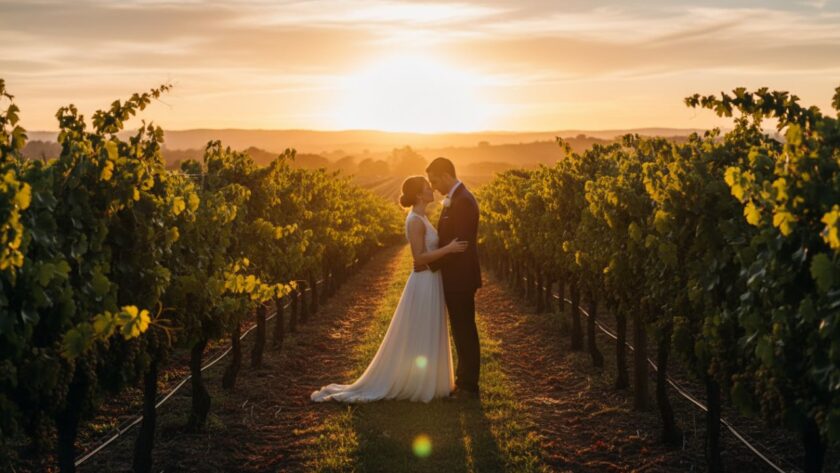 Epic moment: A newlywed couple shares a tender kiss at sunset amidst the rows of grapevines, showcasing intimate Dixons Creek winery wedding photography by Image by SD, with golden hour light silhouetting the Yarra Valley hills.