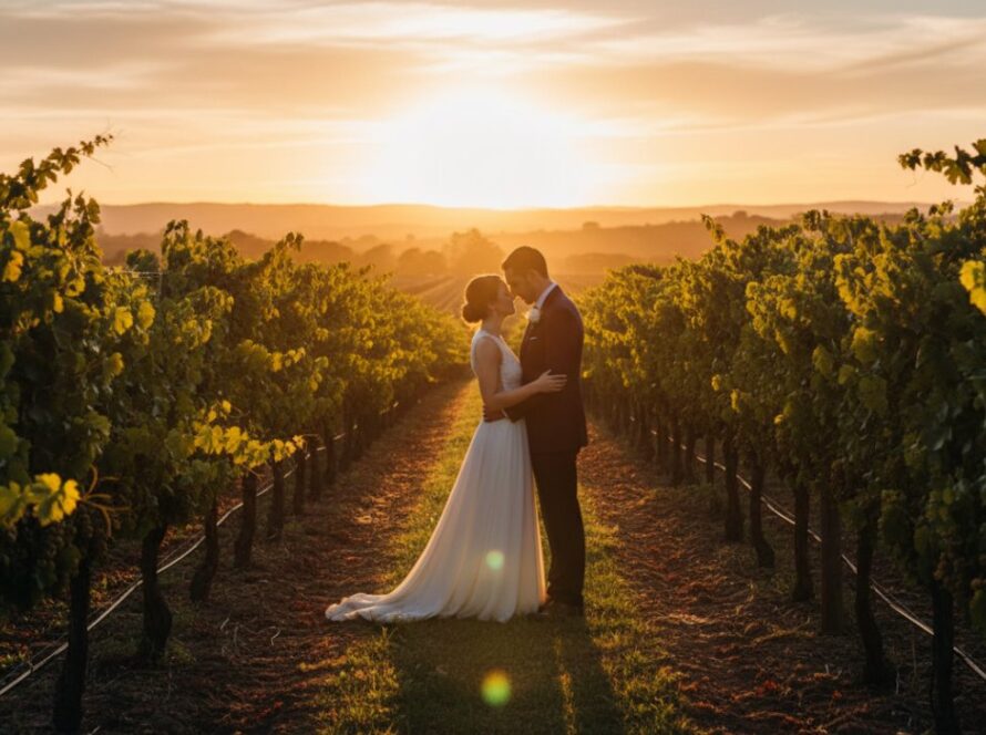 Epic moment: A newlywed couple shares a tender kiss at sunset amidst the rows of grapevines, showcasing intimate Dixons Creek winery wedding photography by Image by SD, with golden hour light silhouetting the Yarra Valley hills.
