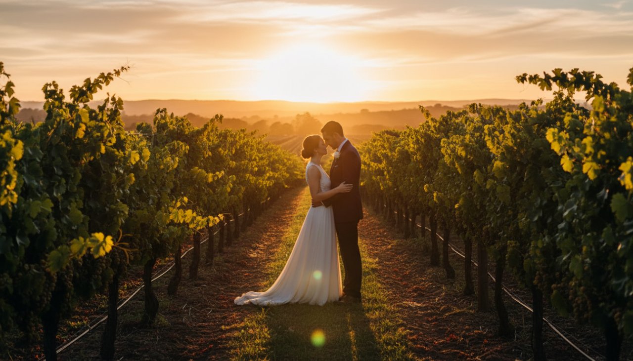 Epic moment: A newlywed couple shares a tender kiss at sunset amidst the rows of grapevines, showcasing intimate Dixons Creek winery wedding photography by Image by SD, with golden hour light silhouetting the Yarra Valley hills.