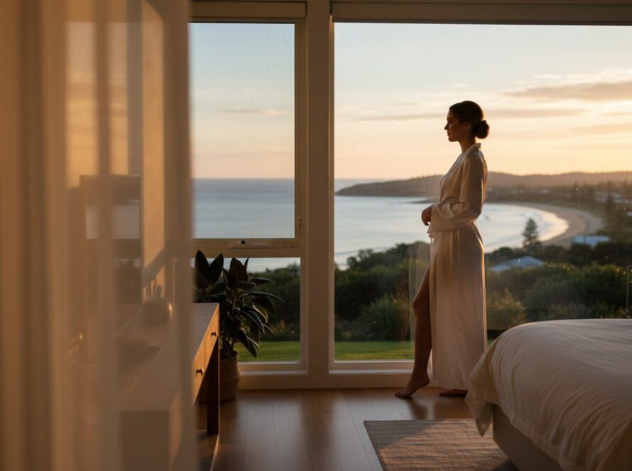 A stunning and artful boudoir portrait featuring a woman silhouetted against the soft morning light, looking out towards the Dromana coastline, embodying the spirit of intimate Dromana boudoir photography for empowering coastal portraits.