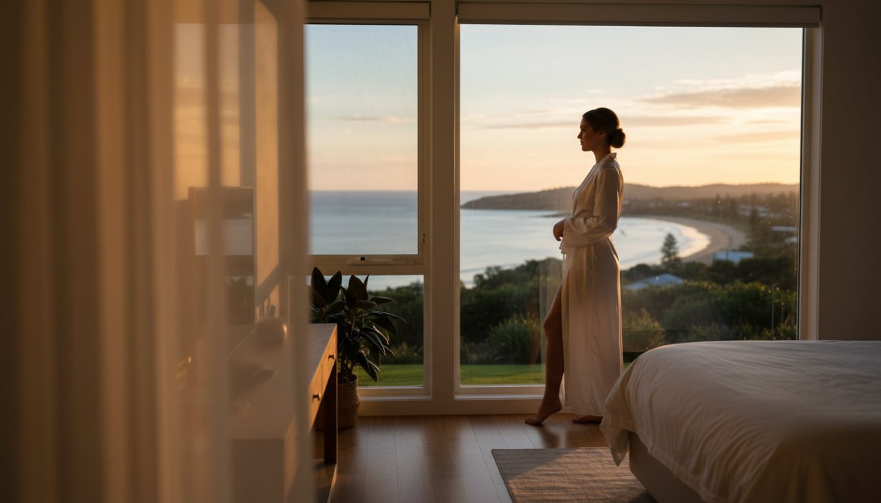 A stunning and artful boudoir portrait featuring a woman silhouetted against the soft morning light, looking out towards the Dromana coastline, embodying the spirit of intimate Dromana boudoir photography for empowering coastal portraits.
