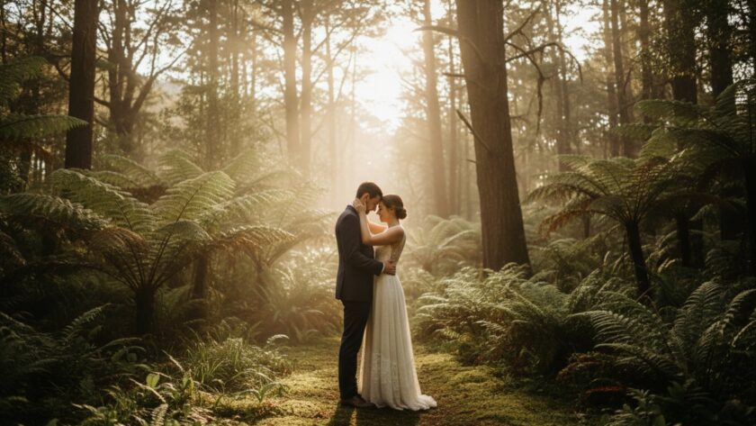 An emotionally resonant, epic moment photograph capturing a newly engaged couple embracing intimately amidst the lush, sun-dappled fern gullies of Ferny Creek at golden hour, showcasing their tender connection in an intimate Ferny Creek engagement photography experience.