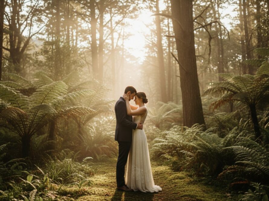 An emotionally resonant, epic moment photograph capturing a newly engaged couple embracing intimately amidst the lush, sun-dappled fern gullies of Ferny Creek at golden hour, showcasing their tender connection in an intimate Ferny Creek engagement photography experience.