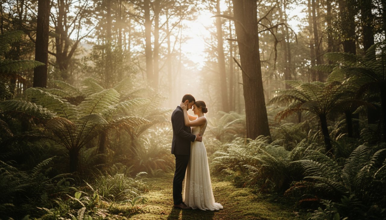 An emotionally resonant, epic moment photograph capturing a newly engaged couple embracing intimately amidst the lush, sun-dappled fern gullies of Ferny Creek at golden hour, showcasing their tender connection in an intimate Ferny Creek engagement photography experience.