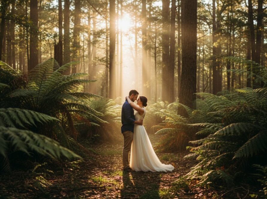 A joyful couple embracing amidst the lush, sun-dappled fern gullies of Kallista, Victoria, capturing their intimate Kallista engagement photography Dandenong Ranges moment with a wide, cinematic shot.