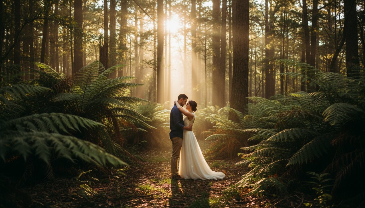 A joyful couple embracing amidst the lush, sun-dappled fern gullies of Kallista, Victoria, capturing their intimate Kallista engagement photography Dandenong Ranges moment with a wide, cinematic shot.