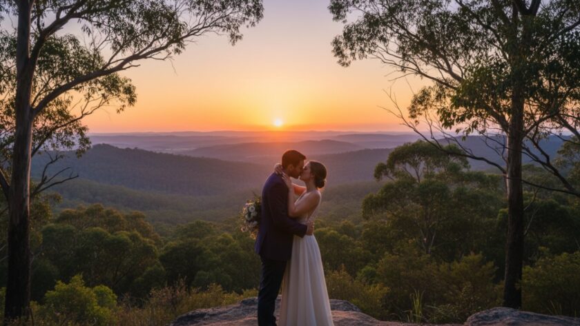 A romantic and epic moment in intimate Kalorama engagement photography Dandenong Ranges, featuring a couple embracing warmly at sunset amidst the misty, rolling hills of the Dandenongs, bathed in golden hour light with majestic eucalyptus trees in the background, symbolising their beautiful connection.