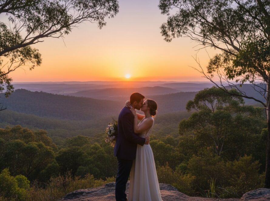 A romantic and epic moment in intimate Kalorama engagement photography Dandenong Ranges, featuring a couple embracing warmly at sunset amidst the misty, rolling hills of the Dandenongs, bathed in golden hour light with majestic eucalyptus trees in the background, symbolising their beautiful connection.