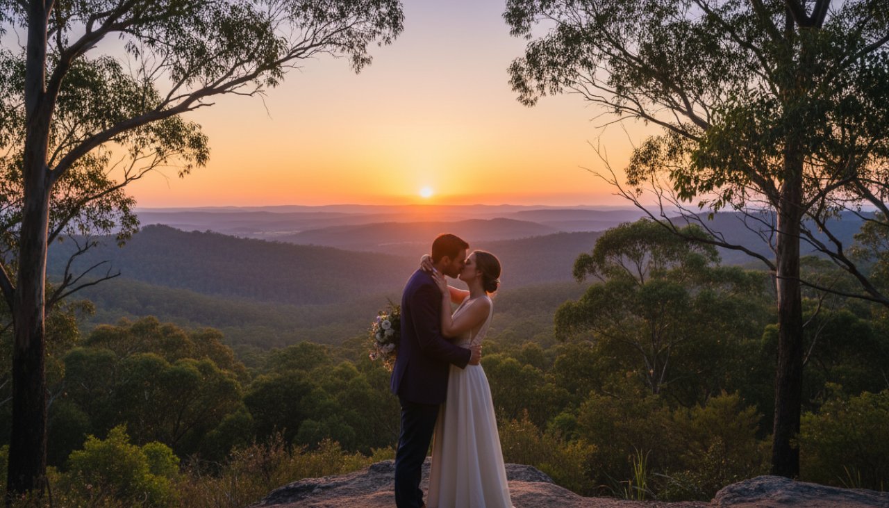A romantic and epic moment in intimate Kalorama engagement photography Dandenong Ranges, featuring a couple embracing warmly at sunset amidst the misty, rolling hills of the Dandenongs, bathed in golden hour light with majestic eucalyptus trees in the background, symbolising their beautiful connection.