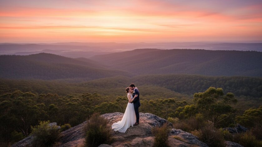 An epic and intimate moment from an Intimate Kalorama Victoria Wedding Photography session, featuring a newlywed couple embracing passionately at a Kalorama lookout at sunset, with the Dandenong Ranges bathed in warm, golden light.