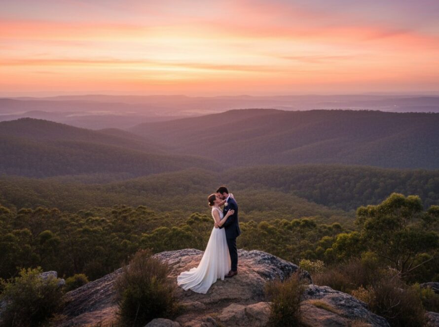 An epic and intimate moment from an Intimate Kalorama Victoria Wedding Photography session, featuring a newlywed couple embracing passionately at a Kalorama lookout at sunset, with the Dandenong Ranges bathed in warm, golden light.