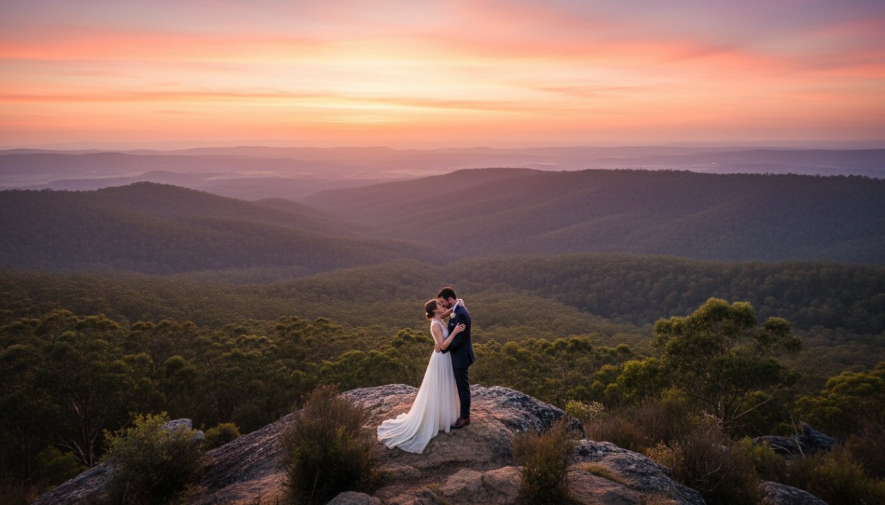 An epic and intimate moment from an Intimate Kalorama Victoria Wedding Photography session, featuring a newlywed couple embracing passionately at a Kalorama lookout at sunset, with the Dandenong Ranges bathed in warm, golden light.
