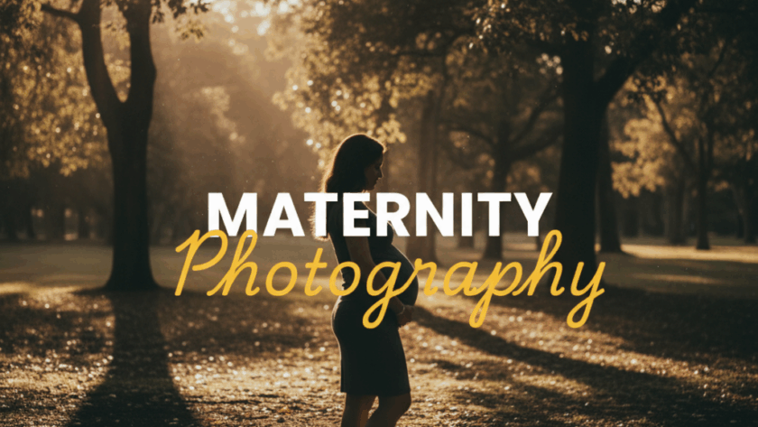 An atmospheric, moody street photography style image showing a pregnant woman silhouetted against a golden hour sunset in a park setting in Chirnside Park, capturing intimate maternity photography Chirnside Park moments. The title 'MATERNITY Photography' is overlaid on the image.