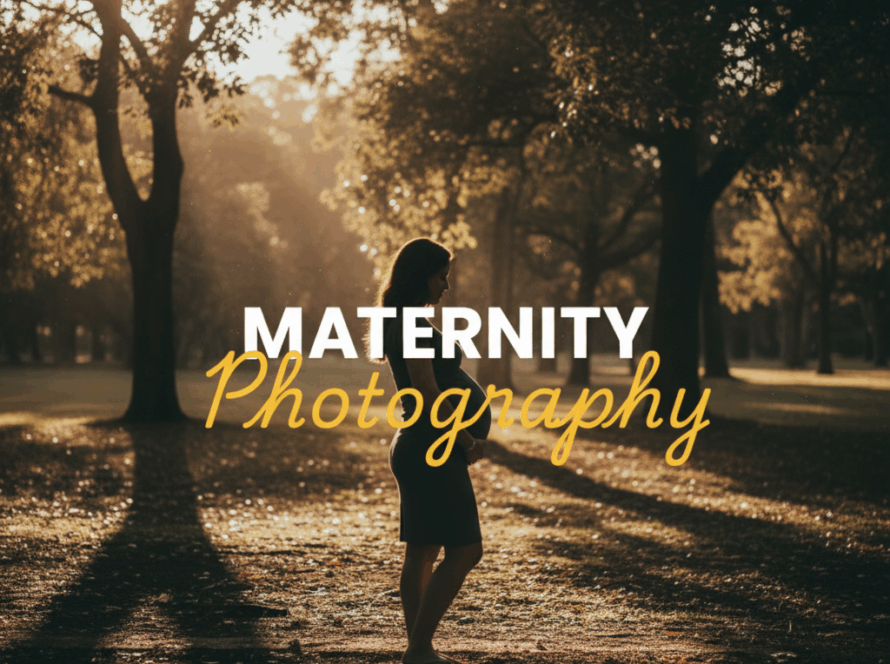 An atmospheric, moody street photography style image showing a pregnant woman silhouetted against a golden hour sunset in a park setting in Chirnside Park, capturing intimate maternity photography Chirnside Park moments. The title 'MATERNITY Photography' is overlaid on the image.