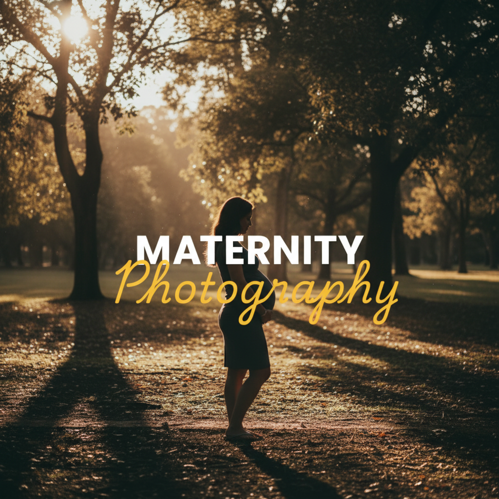 An atmospheric, moody street photography style image showing a pregnant woman silhouetted against a golden hour sunset in a park setting in Chirnside Park, capturing intimate maternity photography Chirnside Park moments. The title 'MATERNITY Photography' is overlaid on the image.
