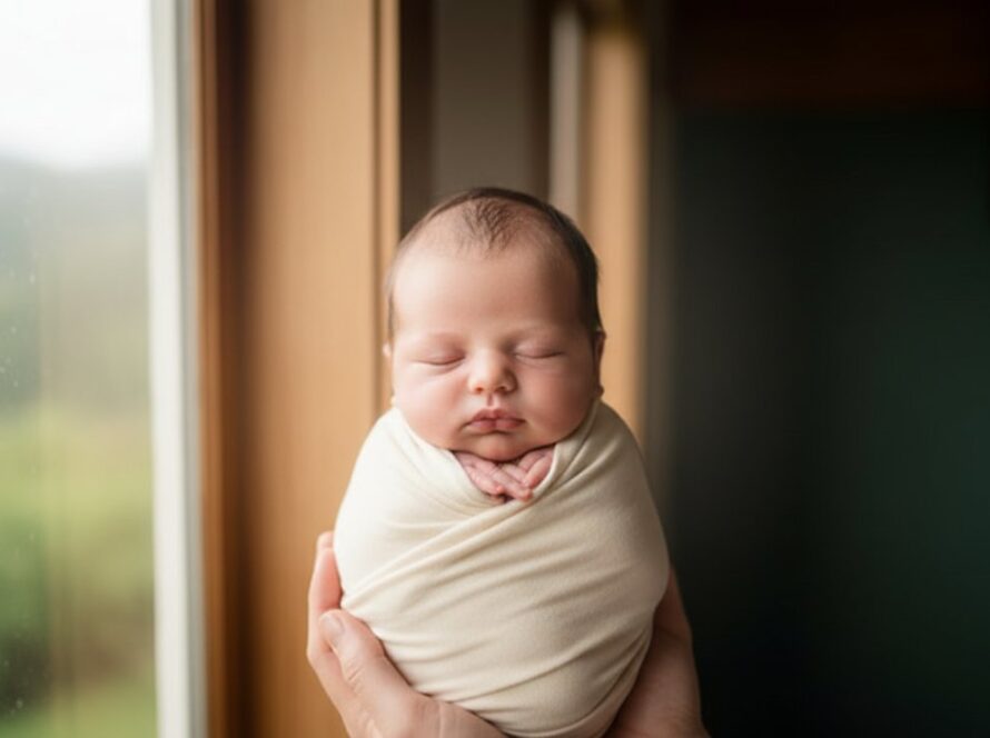A heartwarming, 'epic moment' style photograph of a newborn baby gently swaddled, sleeping peacefully in a soft, knitted blanket with parents' hands protectively cradling them, set against a blurred, warm background evoking the cosy, natural beauty of Mount Dandenong. This image captures the essence of intimate newborn photography sessions Mount Dandenong.