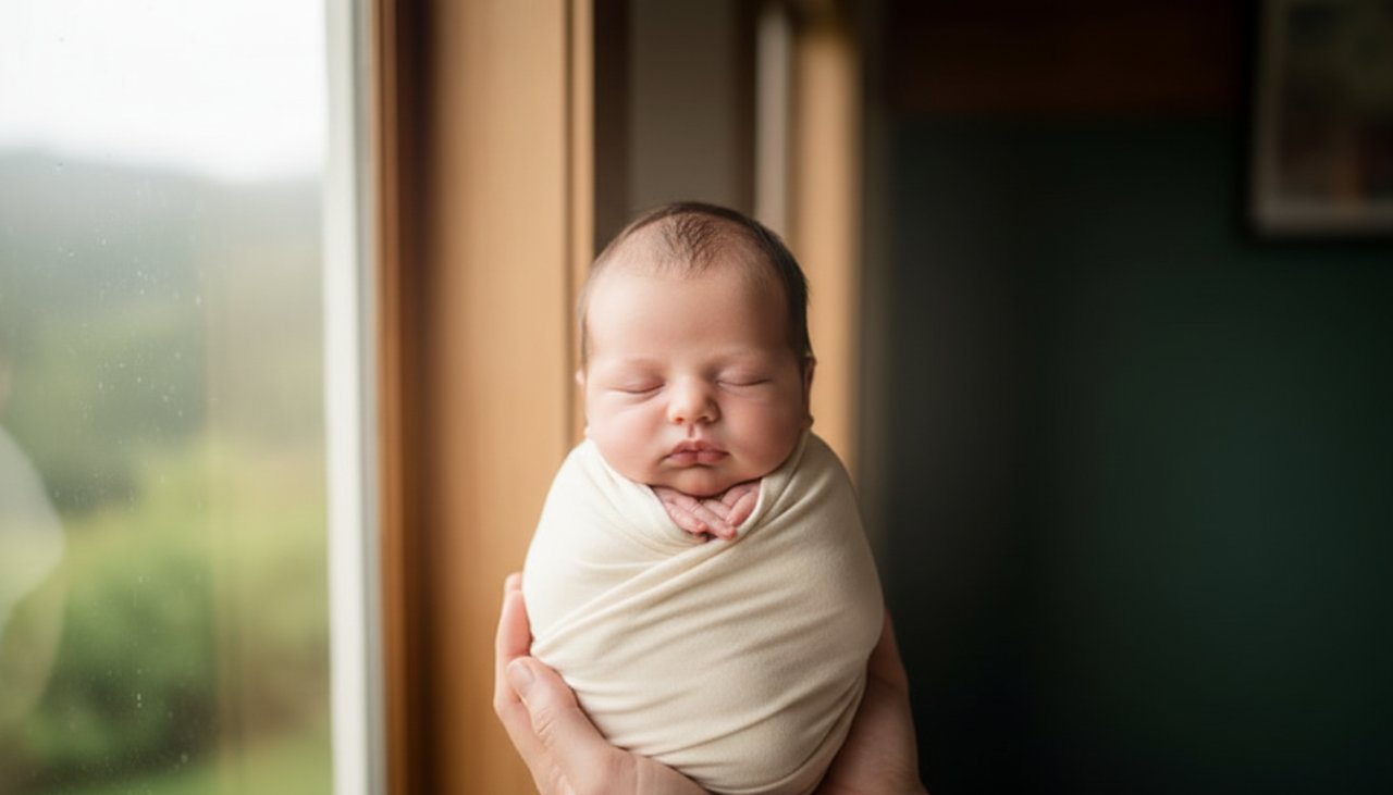 A heartwarming, 'epic moment' style photograph of a newborn baby gently swaddled, sleeping peacefully in a soft, knitted blanket with parents' hands protectively cradling them, set against a blurred, warm background evoking the cosy, natural beauty of Mount Dandenong. This image captures the essence of intimate newborn photography sessions Mount Dandenong.