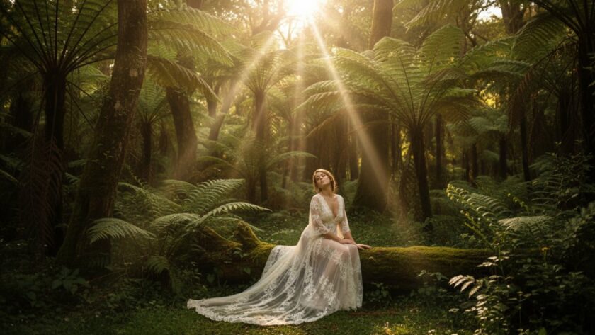A breathtaking, artistic photograph from an Intimate Olinda Boudoir Photoshoot Dandenongs Victoria, showing a woman gracefully draped in soft lace, bathed in dappled golden light filtering through the lush fern gully of the Dandenongs, evoking elegance and natural beauty.