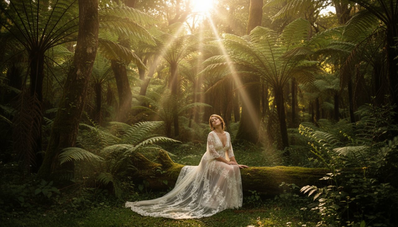 A breathtaking, artistic photograph from an Intimate Olinda Boudoir Photoshoot Dandenongs Victoria, showing a woman gracefully draped in soft lace, bathed in dappled golden light filtering through the lush fern gully of the Dandenongs, evoking elegance and natural beauty.