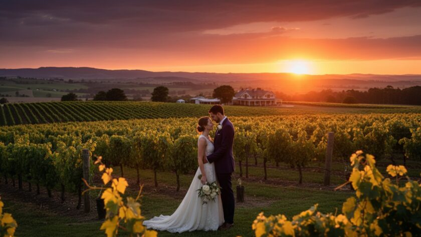 An intimate pre-wedding photography Coldstream vineyards shot featuring a couple silhouetted against a golden hour sunset over rolling vineyard hills, embracing tenderly with a grand estate in the distance, capturing a truly epic and romantic moment.