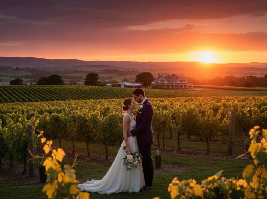 An intimate pre-wedding photography Coldstream vineyards shot featuring a couple silhouetted against a golden hour sunset over rolling vineyard hills, embracing tenderly with a grand estate in the distance, capturing a truly epic and romantic moment.