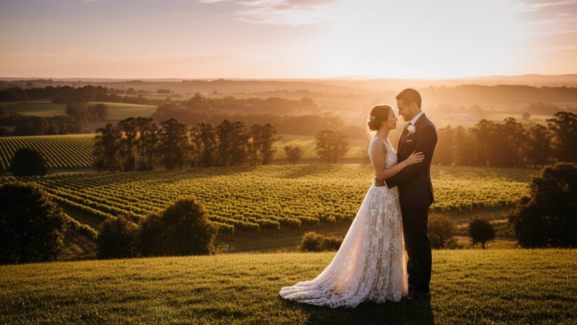 An epic moment of a newlywed couple embracing in soft golden hour light amidst the lush, natural backdrop of Avonsleigh, capturing their intimate rustic Avonsleigh wedding photography love story.