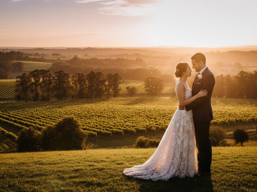 An epic moment of a newlywed couple embracing in soft golden hour light amidst the lush, natural backdrop of Avonsleigh, capturing their intimate rustic Avonsleigh wedding photography love story.