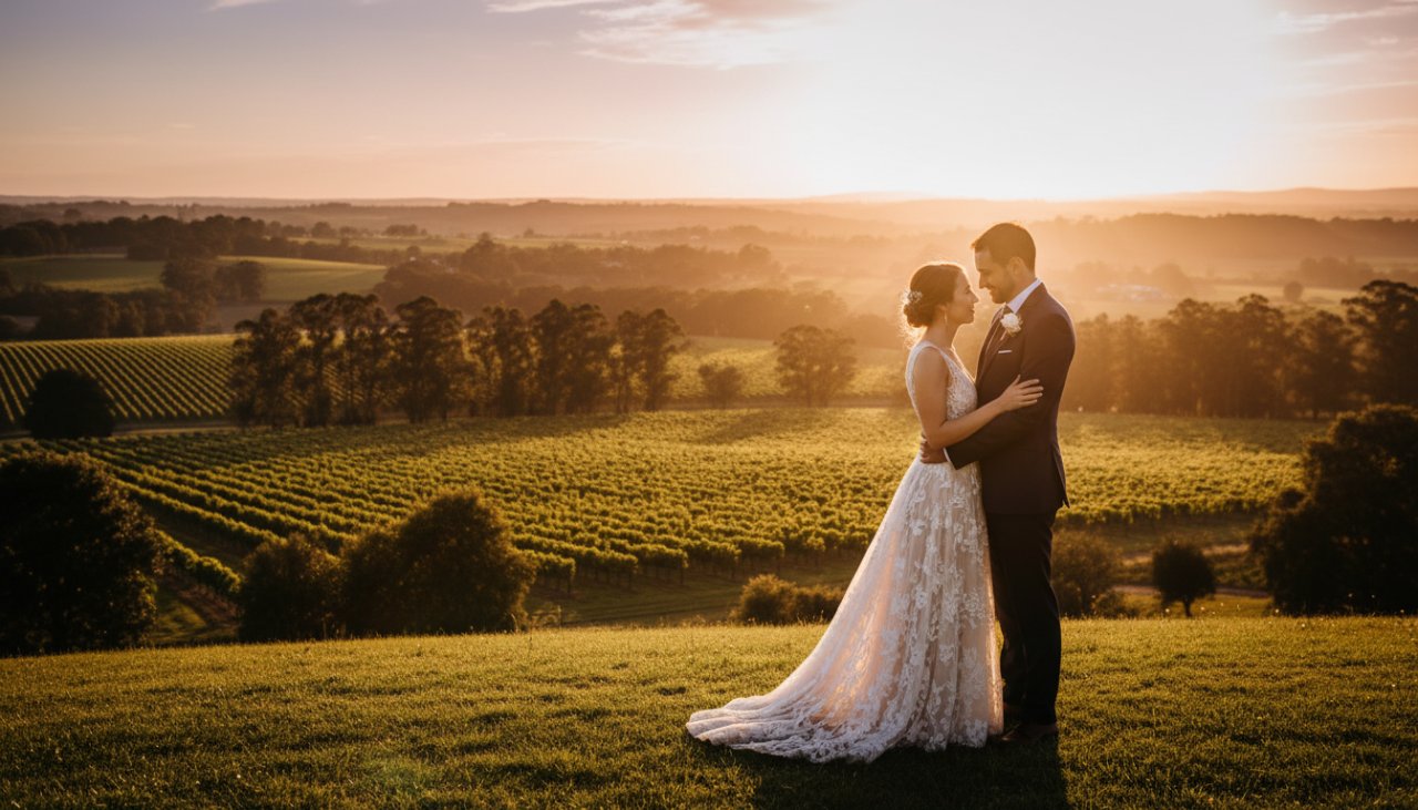 An epic moment of a newlywed couple embracing in soft golden hour light amidst the lush, natural backdrop of Avonsleigh, capturing their intimate rustic Avonsleigh wedding photography love story.