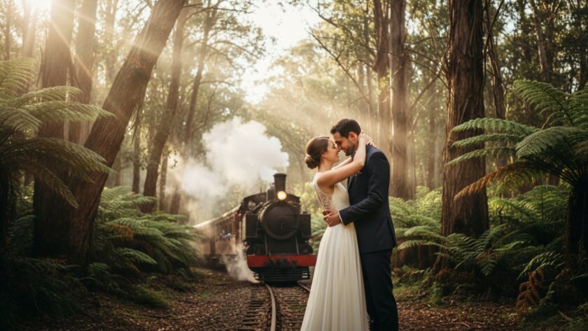 A breathtaking wide shot of a couple embracing passionately near the iconic Puffing Billy steam train in Selby, Victoria, with the Dandenong Ranges forest creating a dramatic, ethereal backdrop at golden hour, highlighting their intimate Selby pre-wedding photography Puffing Billy backdrop moment.