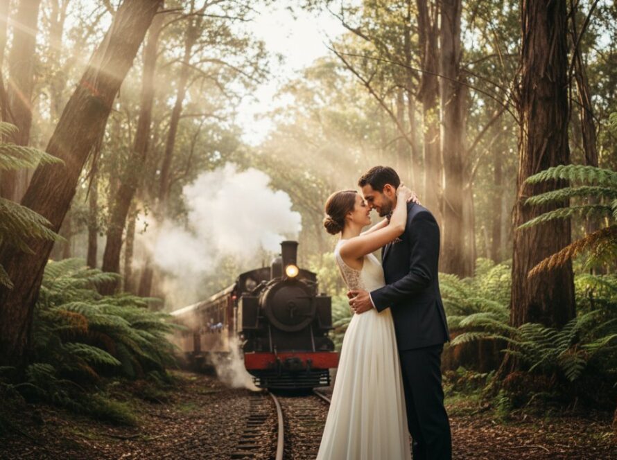 A breathtaking wide shot of a couple embracing passionately near the iconic Puffing Billy steam train in Selby, Victoria, with the Dandenong Ranges forest creating a dramatic, ethereal backdrop at golden hour, highlighting their intimate Selby pre-wedding photography Puffing Billy backdrop moment.