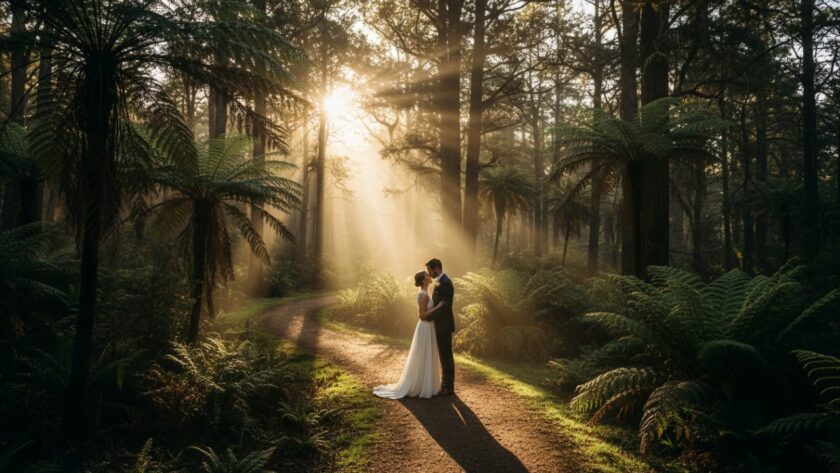 An intimate Sherbrooke Dandenongs forest wedding photography shot featuring a newlywed couple embracing under the dappled sunlight filtering through tall trees, their joyous expressions captured in an epic, cinematic moment.
